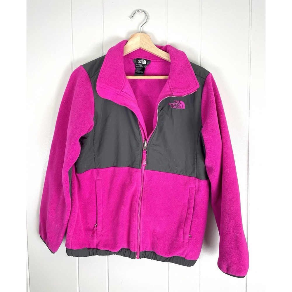 The North Face Girls Fleece Jacket Pink Black‎ Full Zip Pockets Logo Collar XL